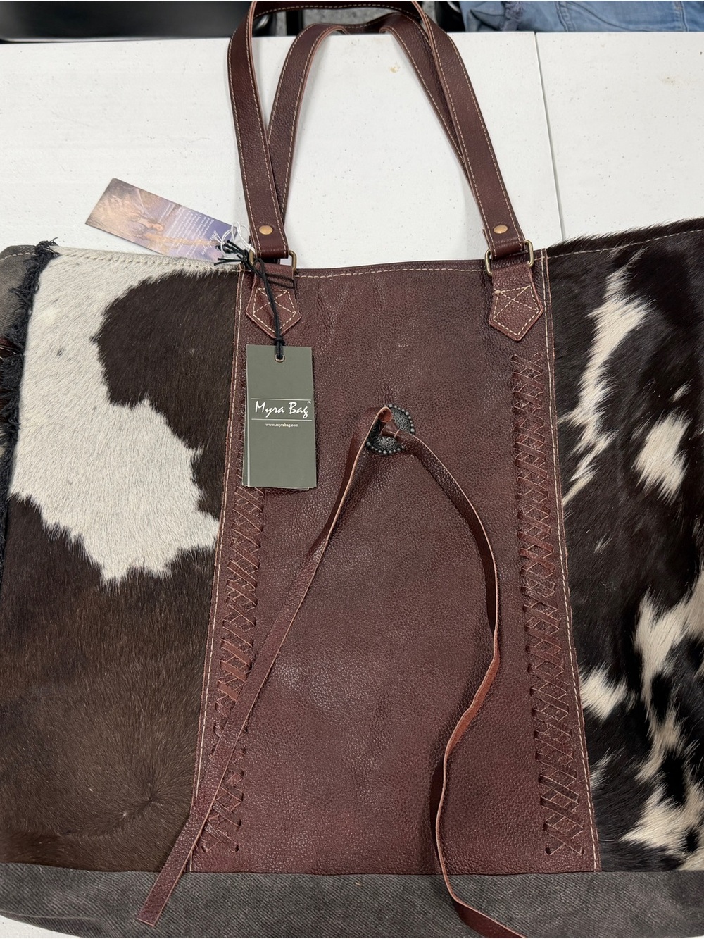 Myra Bag Brown Leather & Black-White Cowhide Tote with Braided Trim